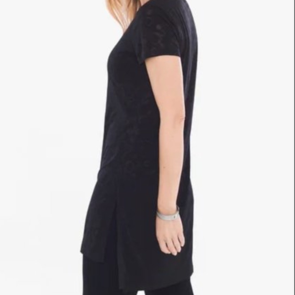 Chico's Traveler's black circle pattern jacquard short sleeve tunic top SZ 8-10
